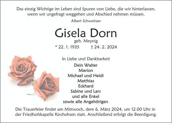 Traueranzeige von Gisela Dorn von Deister- und Weserzeitung