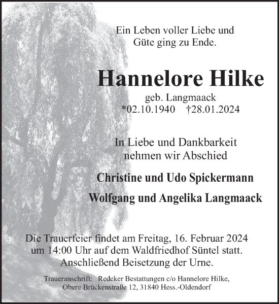 Traueranzeige von Hannelore Hilke von Deister- und Weserzeitung