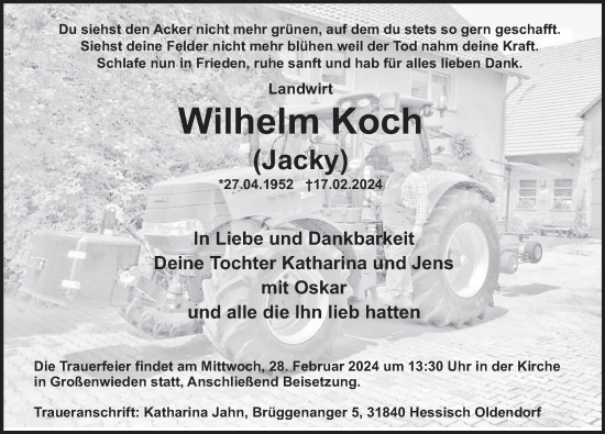 Traueranzeige von Wilhelm Koch von Deister- und Weserzeitung