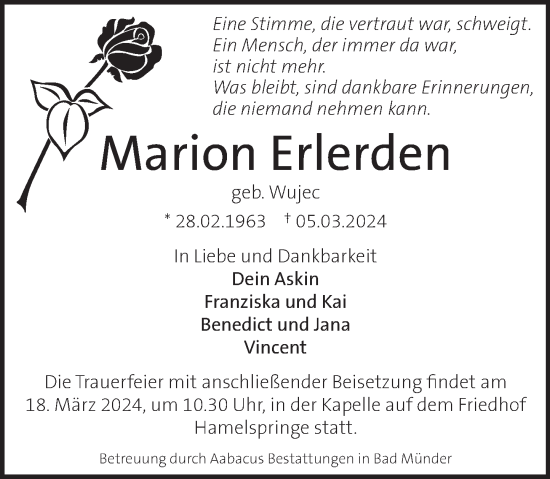 Traueranzeige von Marion Erlerden von Neue Deister-Zeitung