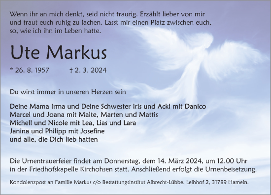 Traueranzeige von Ute Markus von Deister- und Weserzeitung