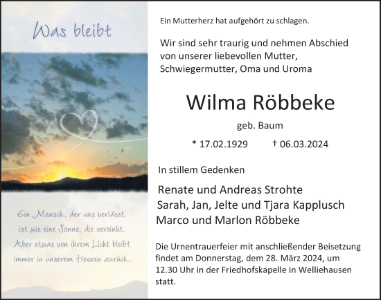 Traueranzeige von Wilma Röbbeke von Deister- und Weserzeitung