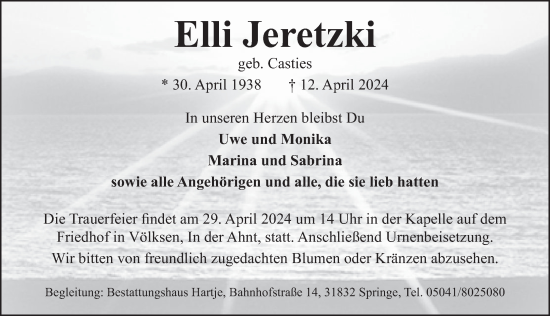 Traueranzeige von Elli Jeretzki von Neue Deister-Zeitung