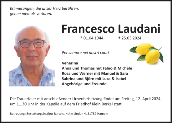 Traueranzeige von Francesco Laudani von Deister- und Weserzeitung