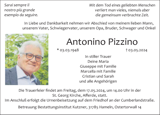 Traueranzeige von Antonino Pizzino von Deister- und Weserzeitung