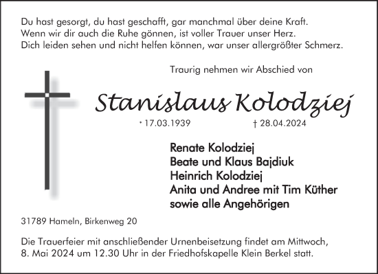 Traueranzeige von Stanislaus Kolodziej von Deister- und Weserzeitung
