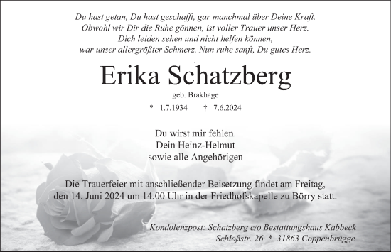 Traueranzeige von Erika Schatzberg von Deister- und Weserzeitung