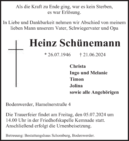Traueranzeige von Heinz Schünemann von Deister- und Weserzeitung