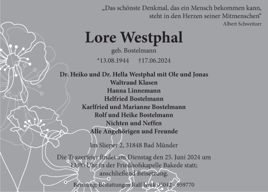 Traueranzeige von Lore Westphal von Neue Deister-Zeitung