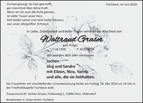 Traueranzeige von Waltraud Graser von Deister- und Weserzeitung