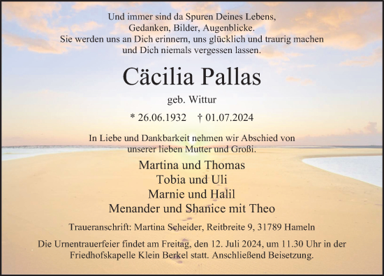 Traueranzeige von Cäcilia Pallas von Deister- und Weserzeitung
