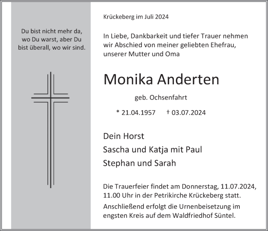 Traueranzeige von Monika Anderten von Deister- und Weserzeitung