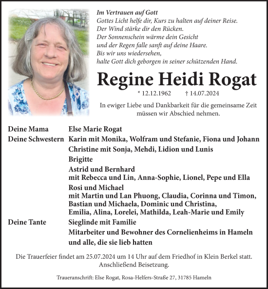 Traueranzeige von Regine Heidi Rogat von Deister- und Weserzeitung