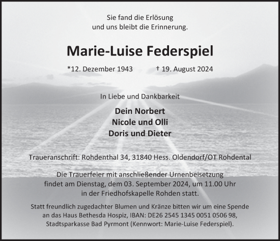 Traueranzeige von Marie-Luise Federspiel von Deister- und Weserzeitung