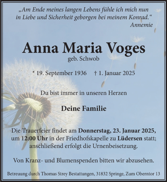 Traueranzeige von Anna Maria Voges von Neue Deister-Zeitung