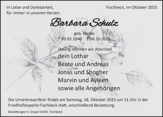 Traueranzeige von Barbara Schulz von Deister- und Weserzeitung
