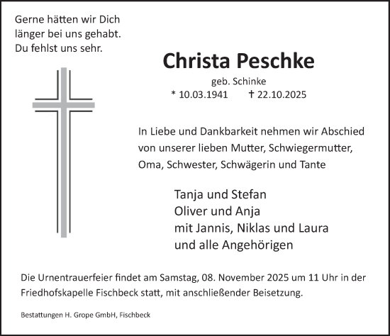 Traueranzeige von Christa Peschke von Deister- und Weserzeitung