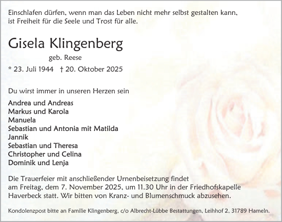 Traueranzeige von Gisela Klingenberg von Deister- und Weserzeitung
