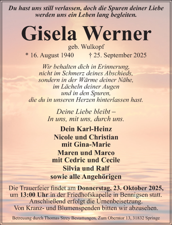 Traueranzeige von Gisela Werner von Neue Deister-Zeitung