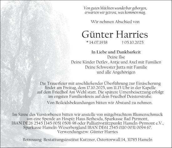 Traueranzeige von Günter Harries von Deister- und Weserzeitung