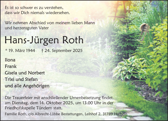 Traueranzeige von Hans-Jürgen Roth von Deister- und Weserzeitung