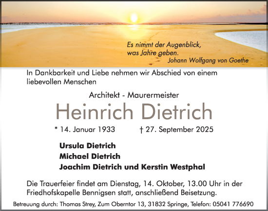 Traueranzeige von Heinrich Dietrich von Neue Deister-Zeitung