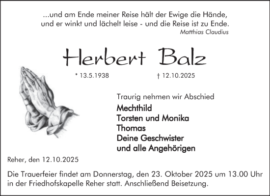 Traueranzeige von Herbert Balz von Deister- und Weserzeitung