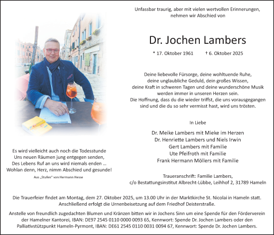 Traueranzeige von Jochen Lambers von Deister- und Weserzeitung