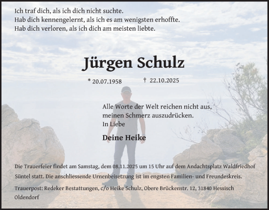 Traueranzeige von Jürgen Schulz von Deister- und Weserzeitung
