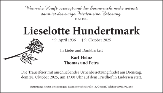 Traueranzeige von Lieselotte Hundertmark von Neue Deister-Zeitung