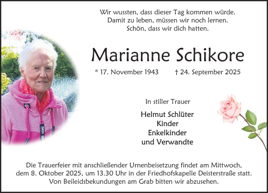 Traueranzeige von Marianne Schikore von Deister- und Weserzeitung
