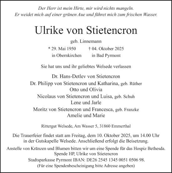 Traueranzeige von Ulrike von Stietencron von Deister- und Weserzeitung