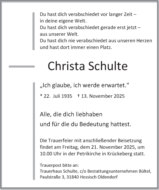 Traueranzeige von Christa Schulte von Deister- und Weserzeitung
