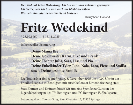 Traueranzeige von Fritz Wedekind von Neue Deister-Zeitung
