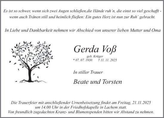 Traueranzeige von Gerda Voß von Deister- und Weserzeitung