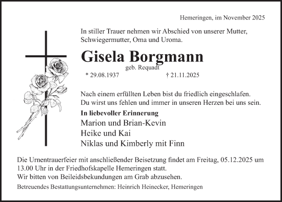 Traueranzeige von Gisela Borgmann von Deister- und Weserzeitung