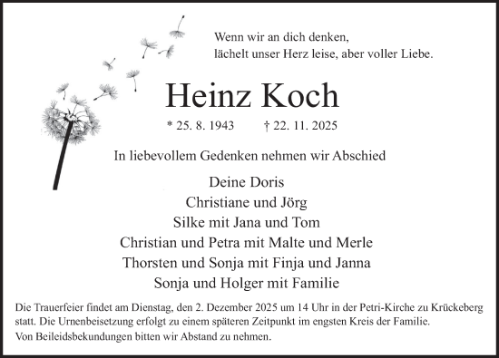 Traueranzeige von Heinz Koch von Deister- und Weserzeitung