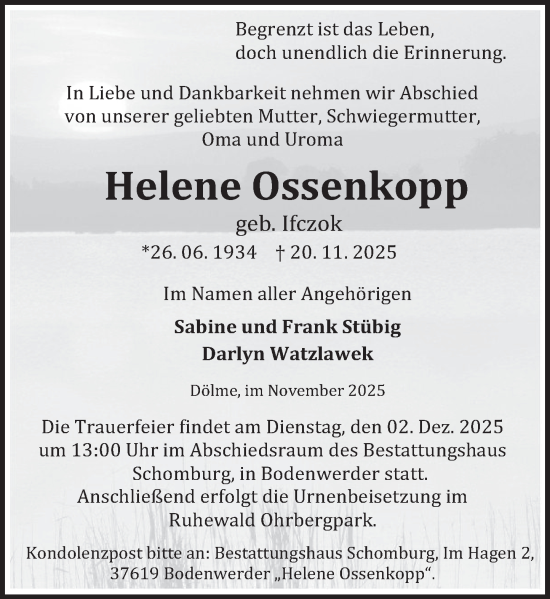 Traueranzeige von Helene Ossenkopp von Deister- und Weserzeitung