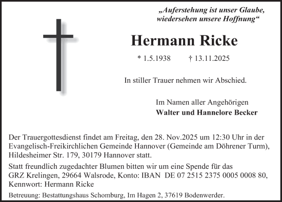Traueranzeige von Hermann Ricke von Deister- und Weserzeitung