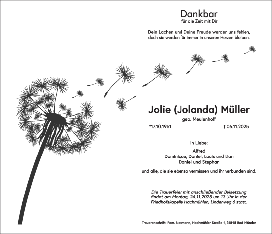 Traueranzeige von Jolie Müller von Neue Deister-Zeitung