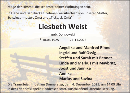 Traueranzeige von Liesbeth Weist von Deister- und Weserzeitung