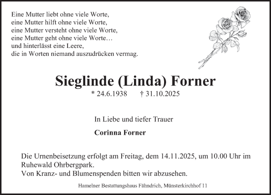 Traueranzeige von Sieglinde Forner von Deister- und Weserzeitung