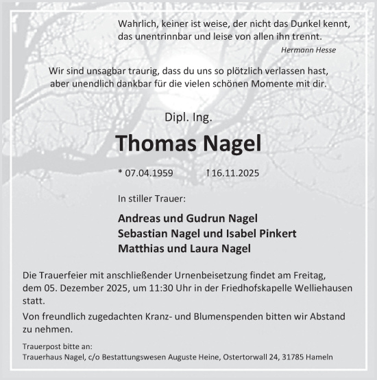 Traueranzeige von Thomas Nagel von Deister- und Weserzeitung