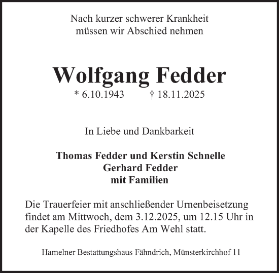 Traueranzeige von Wolfgang Fedder von Deister- und Weserzeitung