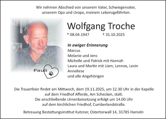 Traueranzeige von Wolfgang Troche von Deister- und Weserzeitung