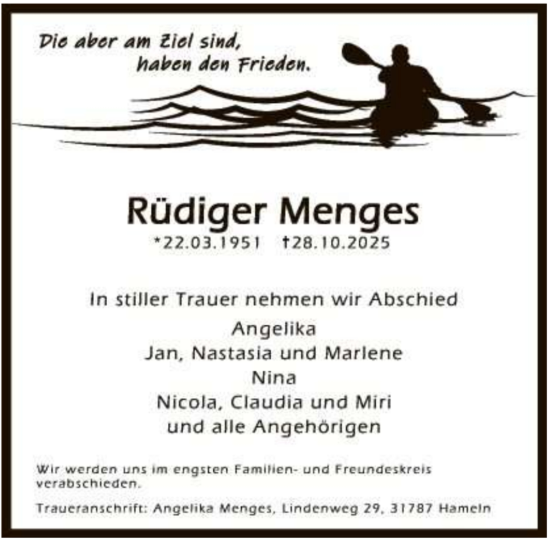 Traueranzeige von Rüdiger Menges von Deister- und Weserzeitung