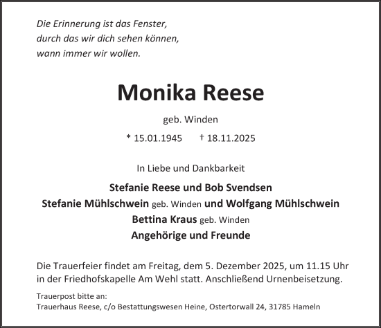 Traueranzeige von Monika Reese 
