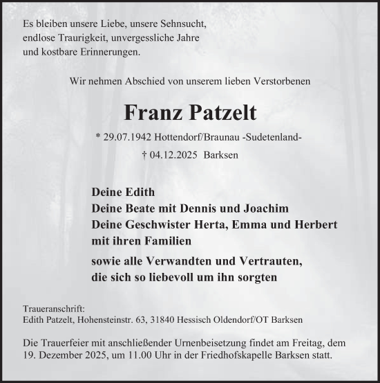 Traueranzeige von Franz Patzelt 