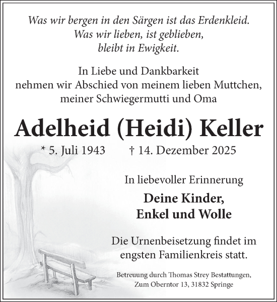 Traueranzeige von Adelheid Keller von Neue Deister-Zeitung