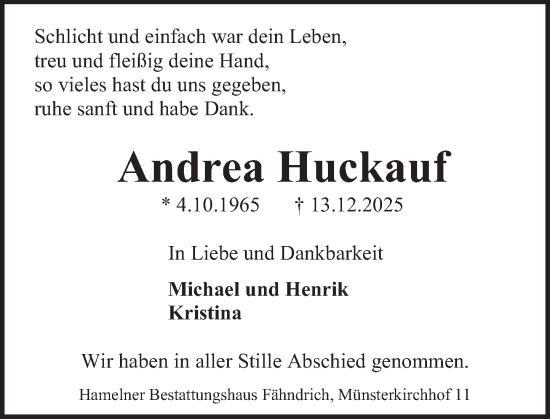 Traueranzeige von Andrea Huckauf von Deister- und Weserzeitung